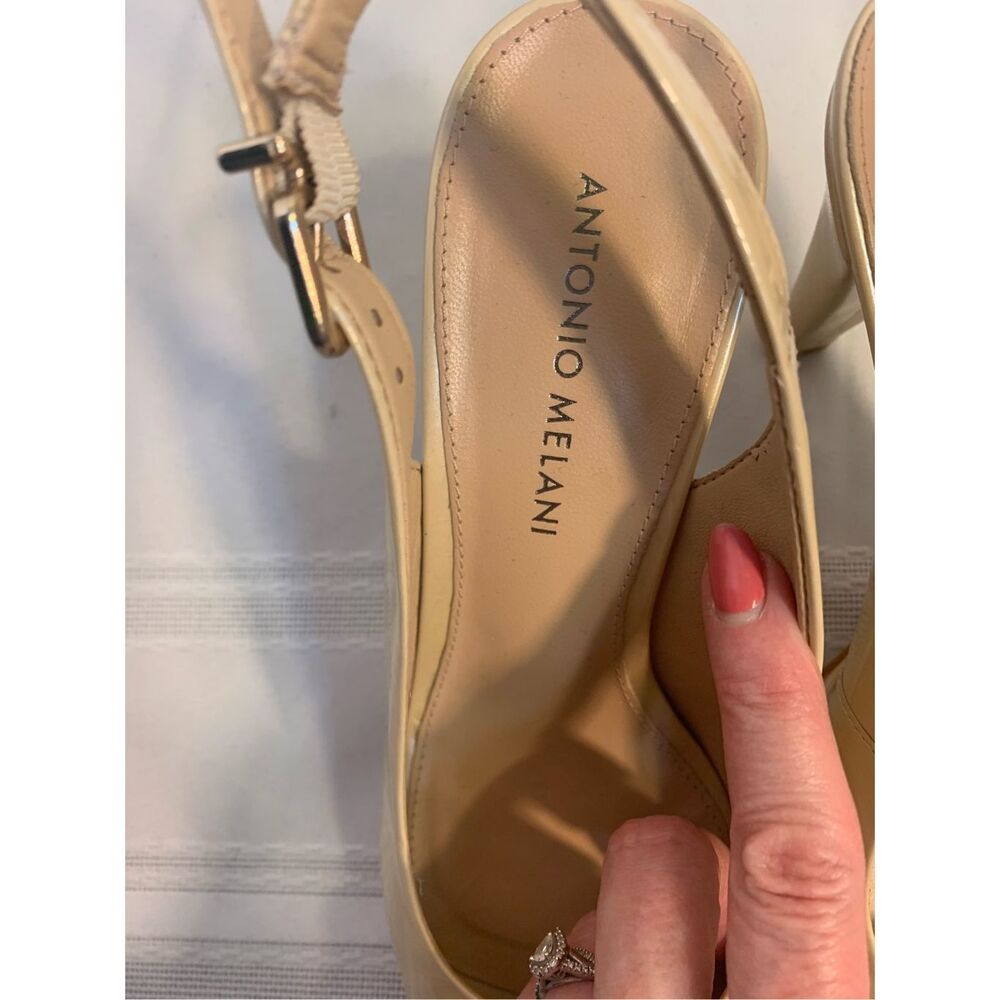 ANTONIO MELANI SLINGBACK PUMP OFFICE SIREN NUDE LEATHER PEEP TOE PLATFORM SZ 7.5 - Picture 4 of 12
